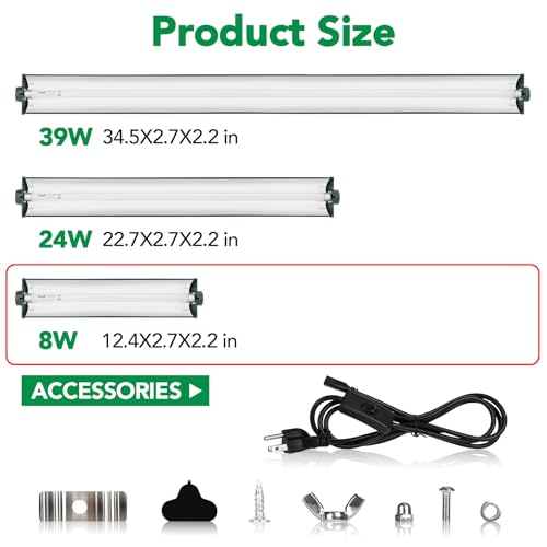 T5 Reptile Light Fixture Green Combo Kit 8W Light Fixture Reptile Terrarium Hood 10.0 UVB Light Bulb Fluorescent Tube Ideal for Tropical and Deserts Such as Bearded Dragon Lizards and Tortoises (8W-Green / 8W 12.4IN Green)