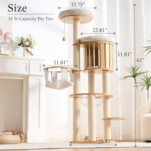 Wood Modern Cat Tree (62 Inch-Turntable-White)