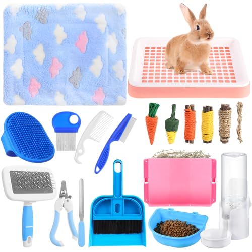 19 Pcs Rabbit Starter Kit Small Bunny Litter Box Rabbit Grooming Kit Water Bottle Bunny Toys Hay Feeder Bowl Blankets with Cleaning Set for Guinea Pig Accessories (Pink-white / Strawberry Bear)