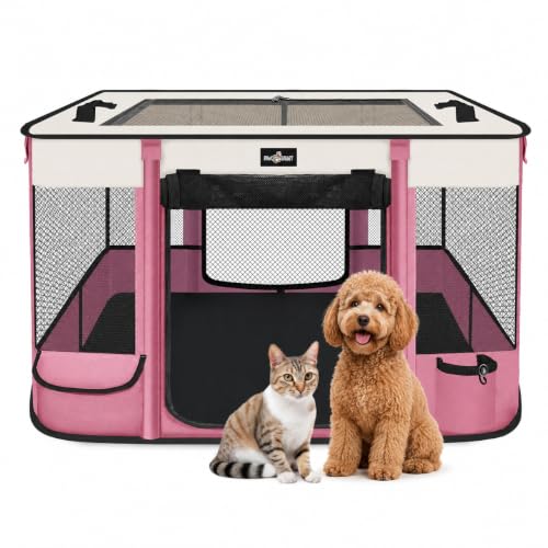 Paw Ballt Foldable Pet Kitten Playpen (Pink 03 / Large(35.4''×27.5''×23.6''))