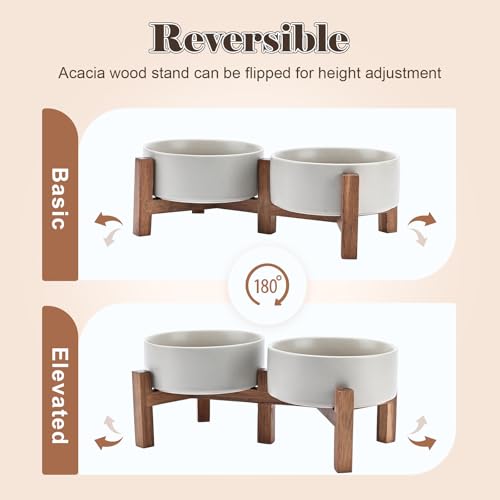 Ceramic Dog Bowls Set with Acacia Wood Stand (13.52 Oz / Gray)