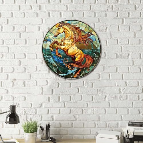 Metal Sign Tin Sign Circular Stained Glass Horse Funny Outdoor Decor for Bar 12×12 Inches (12×12 Inches / Horse-2)