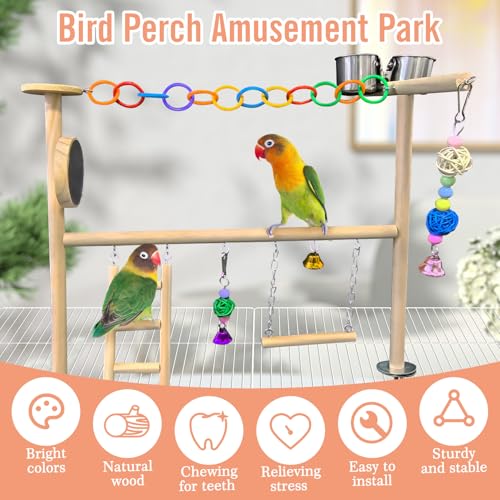 Small Bird Playground Natural Wood for Top of Cage Bird Perch Stand for Parrots Play Gym Toys for Small Birds Parrot Cockatiel Love Birds Budgie