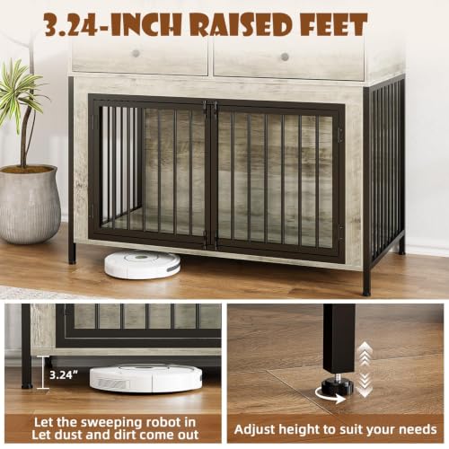 44 Inch Large Dog Crate Furniture with Storage Drawers (New Grey / 89"L x 23.6"W x 34.5"H)