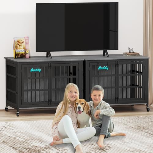 41"/32"/27" Dog Crate Furniture with Name Tag, Heavy Duty Dog Kennel Indoor for Medium Dogs, Double-Doors Sturdy Metal Dog Cage for Anxiety Dog, Decorate House as TV Stand, End Table (40.8"L x 29.3"W x 30.2"H / Dark Grey)