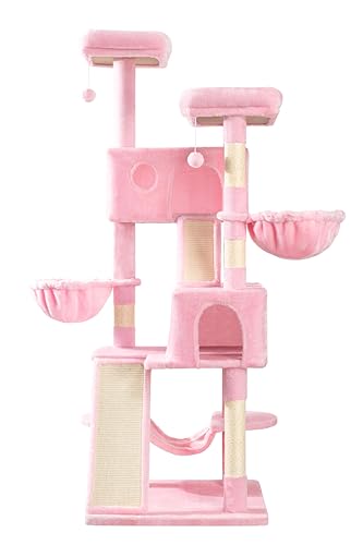 65in Multi Level Large Cat Tree Tower for Indoor Kitties (Pink)