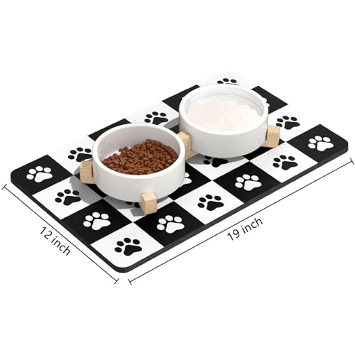 Dog Food Mat 12" x 19" Footprint Absorbent Dog Cat Bowl Mat for Food and Water (A-Black White Footprint / 12"L x 19"W)