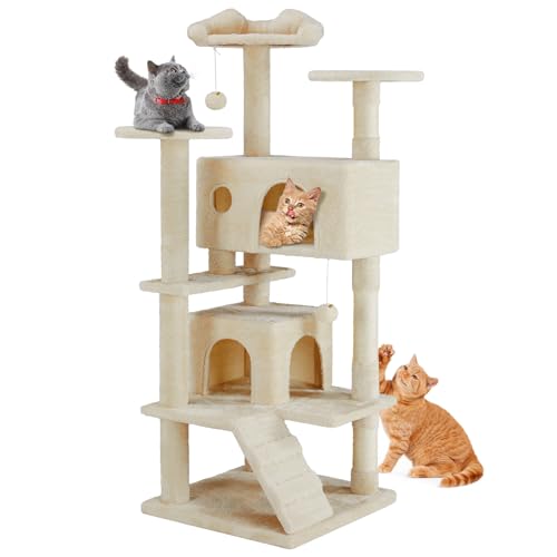 54 Inch Cat Tree Tower with Scratching Posts (Beige / 54'' × 20'' × 20'')