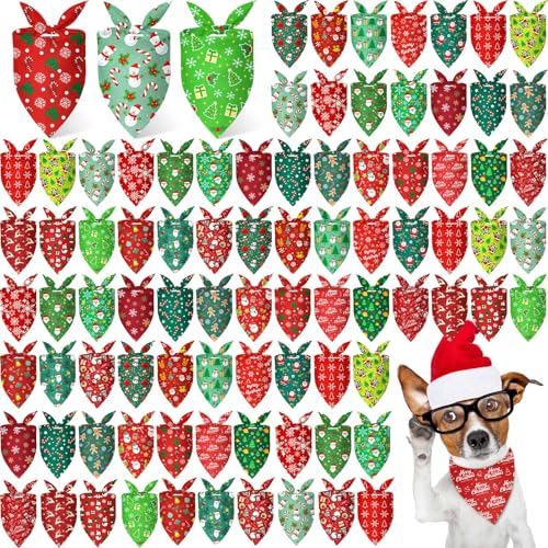 100 Pcs Christmas Dog Bandanas Bulk Red Green Santa Snowflake Pattern (25.6 x 17.7 x 17.7 Inch / Christmas)