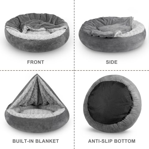 Small Dog Bed Cat Bed with Hooded Blanket (M(26" x 26" x 8") / Dark Grey)