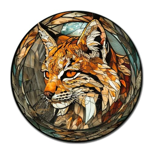 Metal Sign Tin Sign Circular Stained Glass Bobcat Funny Gardening Gift for Pet 12×12 Inches (12×12 Inches / Bobcat-2)