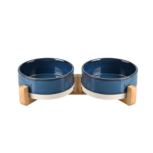 Ceramic Dog and Cat Bowl Set with Wooden Stand (1.7 cups / Pattern Blue × 2)