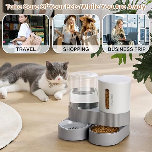 2 Pack Automatic Cat Feeder Stainless Steel Water Dispenser Gravity Food Feeder and Waterer Set with Pet Food Bowl for Small Medium Kitten Puppy Pets Large Capacity (Grey)