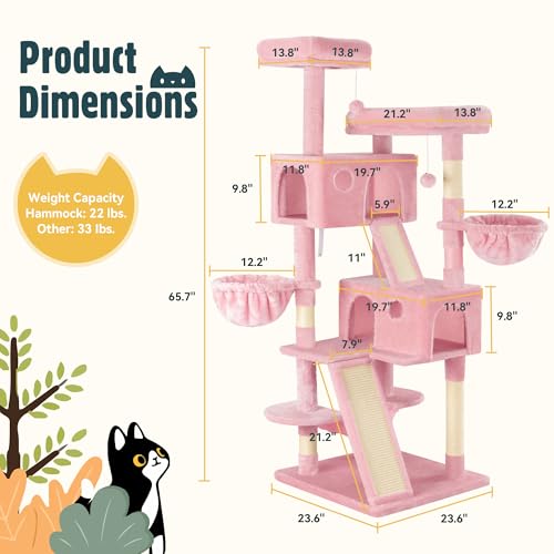 65in Multi Level Large Cat Tree Tower for Indoor Kitties (Pink)