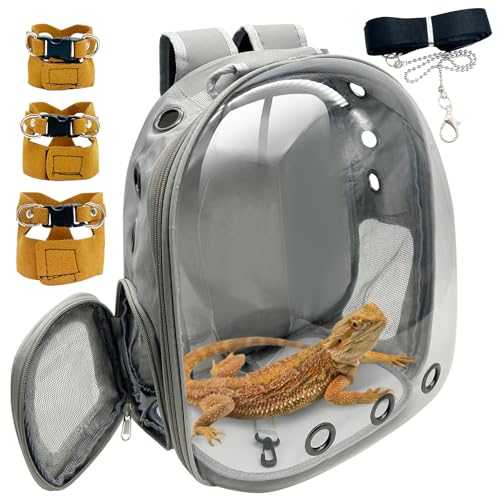 Bearded Dragon Carrier Backpack with Harness and Leash Set Large Reptile Travel Carrier Portable Lizard Backpack Clear Bubble Window Small Animal Carrying Bag for Gecko Kitten Rabbit (Gray)