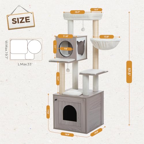 57.5" Cat Tree with Litter Box Enclosure (Grey / XL(18.9"L x 18.9"W x 57.5"H))