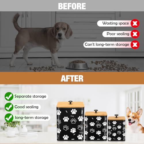 Airtight Dog Treat Container Set of 3 with Bamboo Lids Metal Treat Jars for Countertop Decorative Pet Snack Food Storage Canister Kitchen Biscuit Holder (Black)