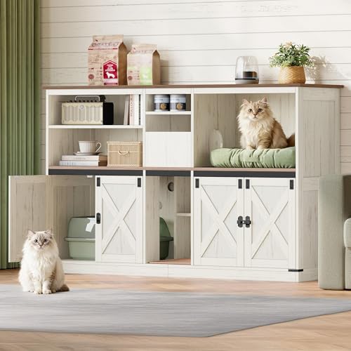 Double cat Litter Box Enclosure (Rustic Brown and White)
