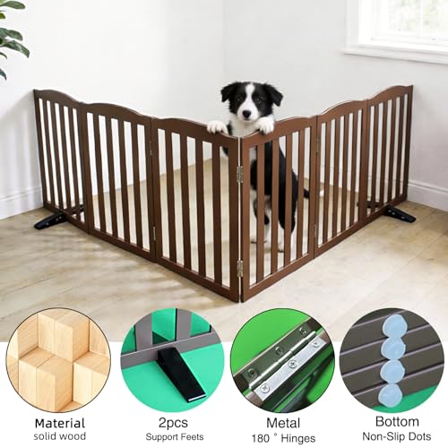 Foldable Freestanding Indoor Dog Gate for House Wood Long Pet Gates Dog Fence for Stairs Puppy Gates for Hallways (Brown / 【6 Panels】120''w X 32''h)
