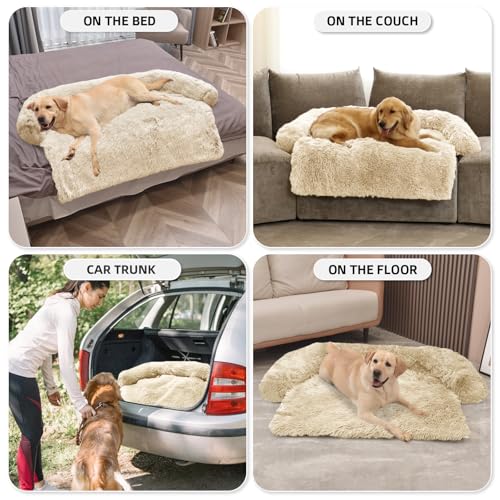 Calming Dog Bed Fluffy Plush Dog Mat for Furniture Protector with Removable Washable Cover for Large Medium Small Dogs and Cats (Beige / 53.0"L x 39.3"W x 6.0"Th)