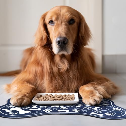Dog & Cat Food Mat Bone Shaped Pet Feeding Mat Quick Absorb Water Bowl Placemat with Rubber Backing Indoor Floor Stain Resistant Pet Accessory Supplies (Blue / 16"L x 24"W)