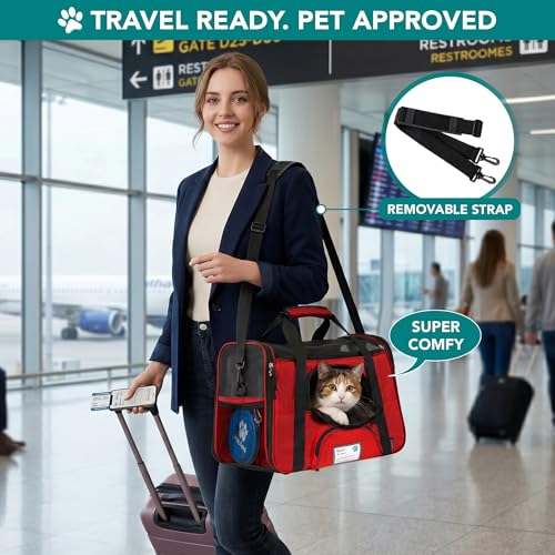 Airline Approved Pet Carrier for Cats & Small Dogs (Red / 19.5"L x 10.2"W x 12.0"H)