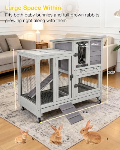 Rabbit Hutch Indoor Bunny Cage with Run Outdoor Rabbit House with Two Deeper No Leak Trays (Grey / 40.6"L x 26.0"W x 37.6"H)