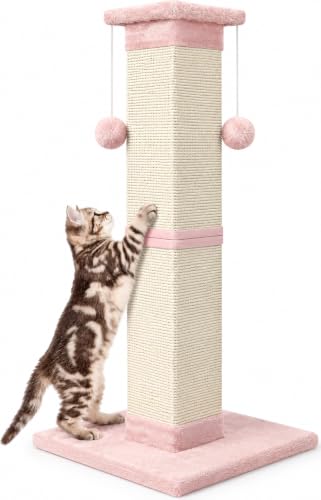 Cat Scratching Post 33 Inch Nature Sisal Cat Scratch Post for Indoor Cats (Pink)