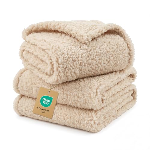 1 Pack 3 Calming Blankets Fluffy Premium Fleece Pet Blanket Soft Sherpa Throw for Dog Puppy Cat Beige Medium (Medium (Pack of 3) / Beige)