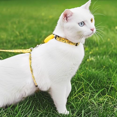 Adjustable Cat Harness and Leash Set Escape Proof Kitten Strap Collar for Walking Travel (Medium / Yellow(Floral))