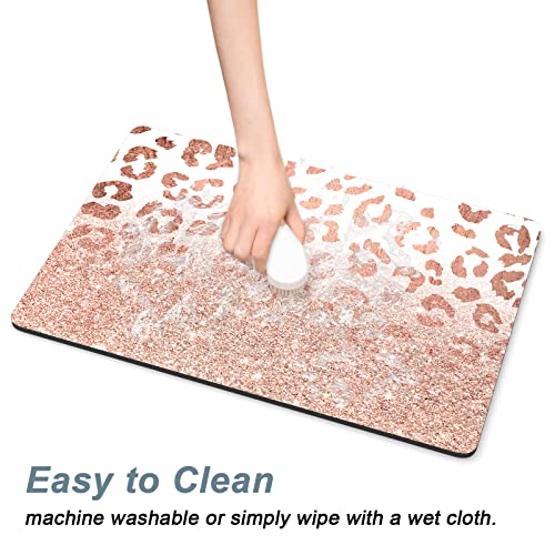 Dog Food Mat 12" x 19" Leopard Absorbent Dog Cat Bowl Mat for Food and Water (Rose Gold Leopard Print / 19"L x 12"W)