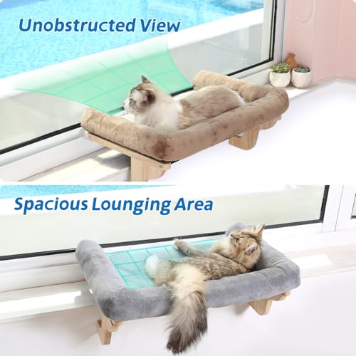 Cat Perch for Windowsill with Bolsters (Natural Color Wood with Gray Bed / 24''L x 15''W)