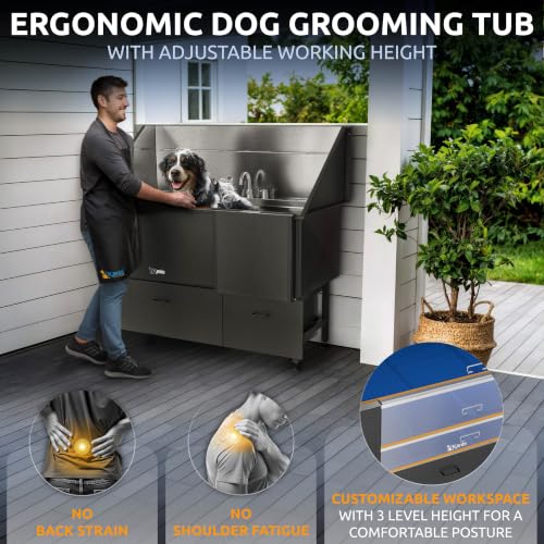 Professional Dog Washing Station 304 Stainless Steel Pet Wash Sink (Black, Right Ramp, 2 Drawer / 61 Inches)