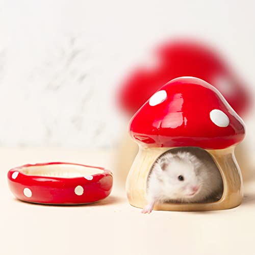Ceramic Mushroom Hamster Hideout with Food Bowl (Red)