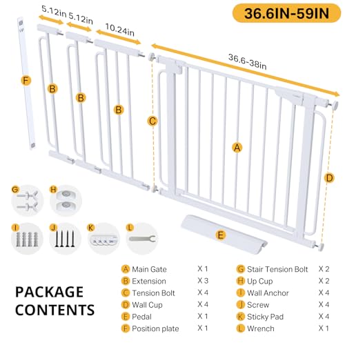36.6 59" Extra Wide Baby Gate for Stairs (White / 36.6-59"W x 30.5"H)