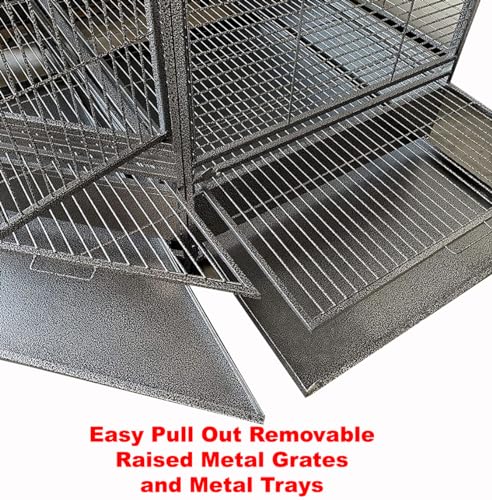 X Large Corner Parrot Bird Flight Breeding Wrought Iron Rolling Cage Solid Plated Feeder Doors with Around Metal Seed Guard (30" x 30" x 64"H / Black Vein)