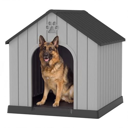 Large Dog House for Outdoor Indoor Use Stable Plastic Waterproof Doghouse with Air Vents and Elevated Floor Easy to Clean and Assemble for Medium to Large Dogs (Black / 36''L×38''W×38''H)
