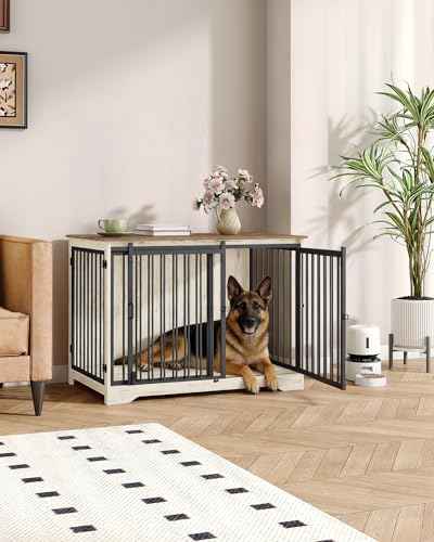 43.3" XL Dog Crate Furniture Indoor Dog Kennel with Barn Door (White Brown / 43.3"L x 27.5"W x 31.8"H)