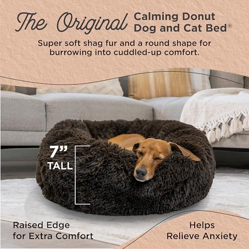 The Original Calming Donut Dog Bed for Small Dogs up to 25 lbs (Dark Chocolate Shag / Small)