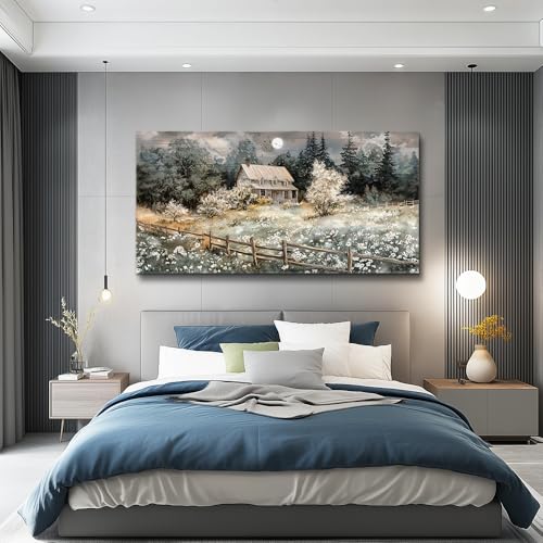 Wall Decor For Living Room Farmhouse Canvas Wall Art Nature Landscape Paintings Bedroom Decorations Rural Artwork Pictures Large Framed for Office Aesthetic Home Decor Ready To Hang (60"L x 30"W / Rural landscape)