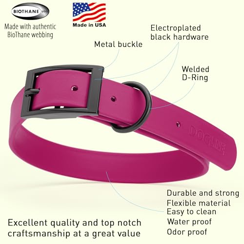 Biothane Waterproof Dog Collar Strong Coated Nylon Webbing with Black Hardware Odor (W1" x L18-22" / Magenta Pink)