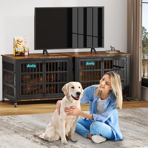 42"/41"/33" Dog Crate Furniture with Name Tag, XL Heavy Duty Dog Kennel Indoor for Large and Medium Dogs, Double-Doors Sturdy Dog Cage for Anxiety Dog, Decorate House as TV Stand (42.1"L x 29.3"W x 31.2"H / Brown)