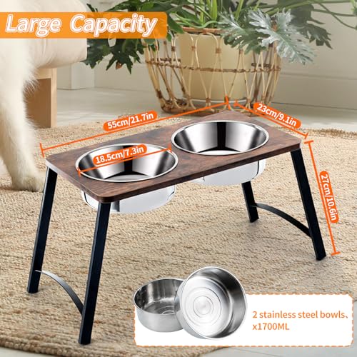 Elevated Dog Bowls for Medium and Large Dogs Wood Raised Bowl Stand with Two 1700ML (Black&brown-Medium&Large)