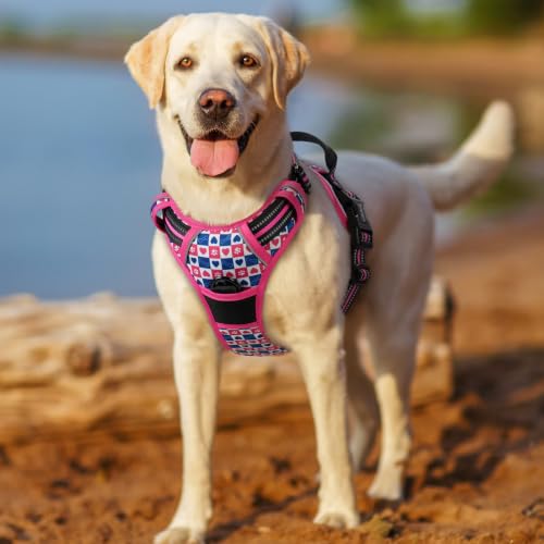 Dog Harness No Pull for Large Dogs with 2 Leash Clips (Medium / Hot Pink Grid)