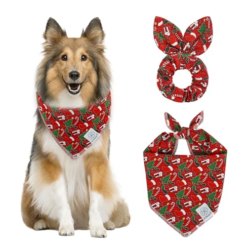 Christmas Dog Bandanas & Matching Scrunchie Set Green Red Dog Scarf Bibs Pet Bandana with Bow Tie for Medium Large Dogs Owner Mom Winter (red green xmas / Large)