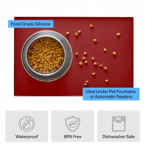 Dog Food Mat 100% Waterproof Silicone (Red / 18.5"l X 11.5"w)