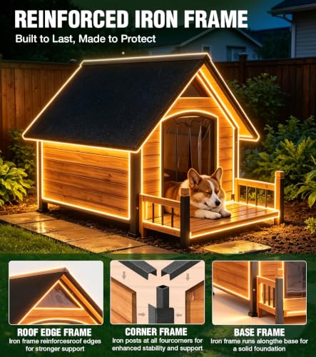 Dog House Outdoor Weatherproof with Iron Frame and Asphalt Roof