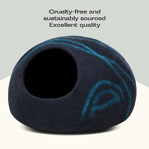 Cat Cave Merino Wool Bed for Indoor Cats (Black Aqua, Large)