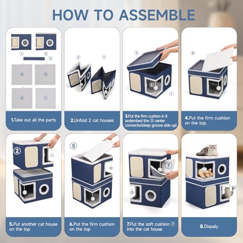 2 Story Cat House beds for Indoor Cats with Scratch Pads Blue (Blue / Double)