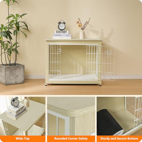 32.5" Dog Crate Furniture with Cushion (White Oak / 32.5"L x 21.9"W x 25.6"H)